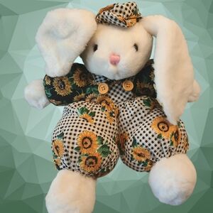 Vtg Dan Dee Soft Expression Plush Bunny W/ Sunflower Gingham Outfit, 12" Tall